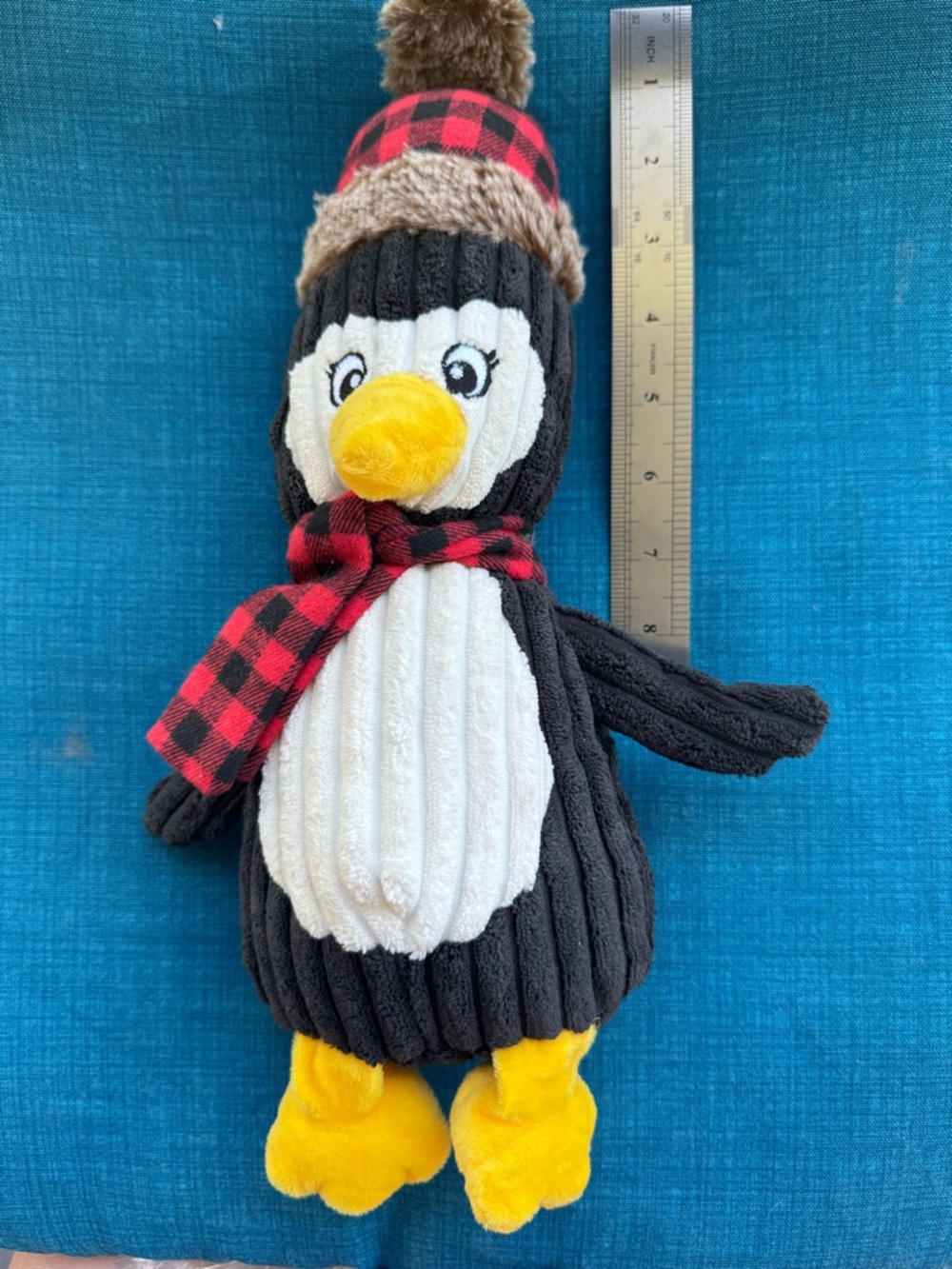 Large Plush Penguin Dog Toy – Winter Hat & Scarf